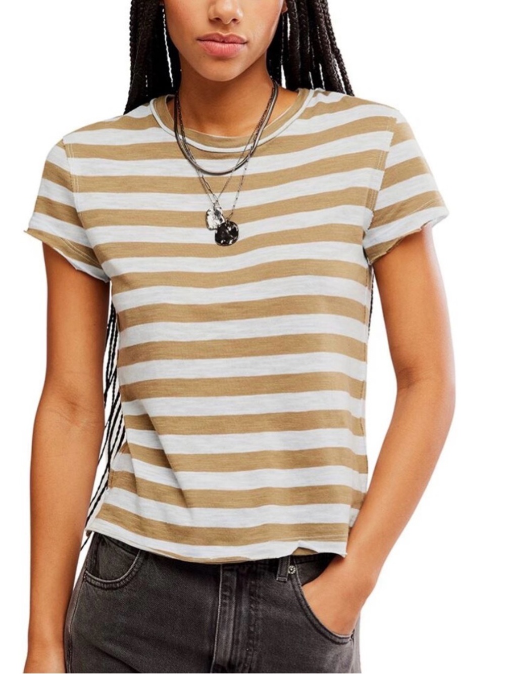 NWT FREE PEOPLE We The Free Nora Olive & Light Blue Combo Striped Tee SZ XS